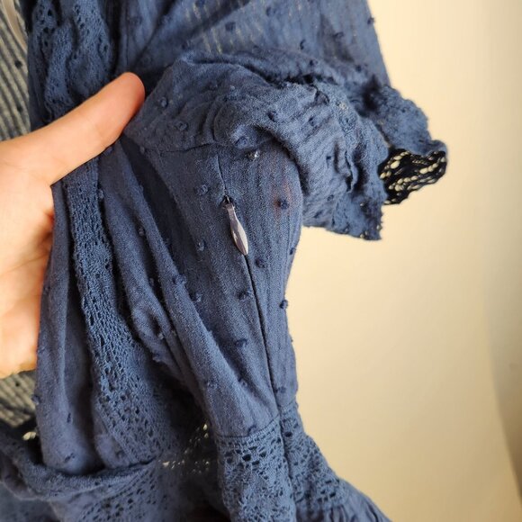 Lulus Navy Blue Swiss Dot Ruffle Lace Trim Short Sleeve Mini Dress sz S - Picture 7 of 11